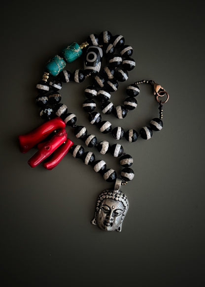 Necklace with Dzi Agate, Bamboo Coral and Buddha Pendant – Ebbijoux