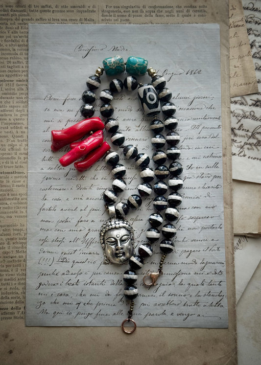 Collana con Agata Dzi , corallo bambù e ciondolo Buddha – Ebbijoux