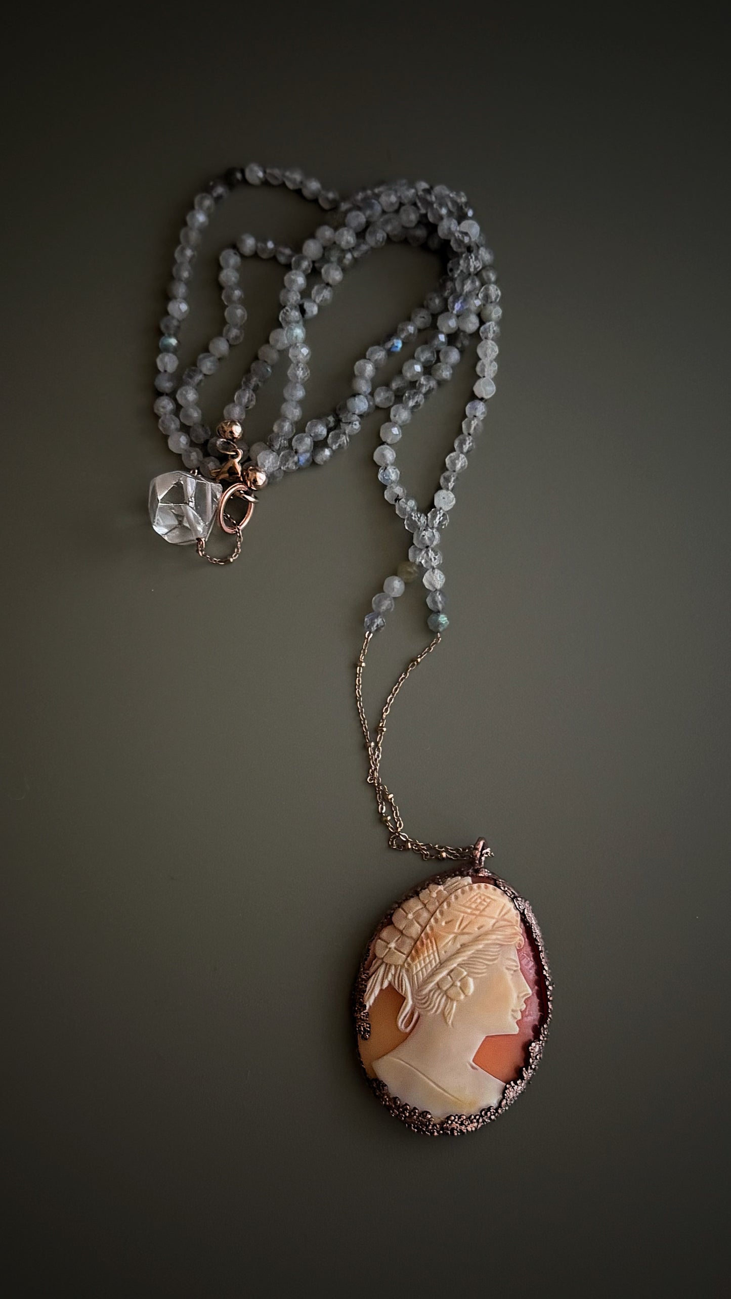 Long Necklace with Antique Cameo and Labradorite - Unique Handcrafted Jewel