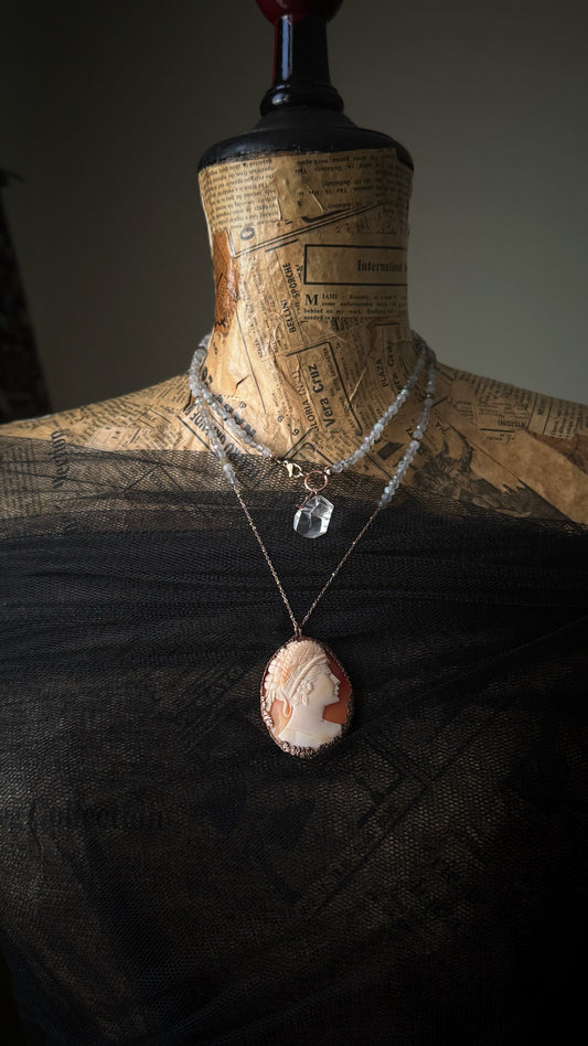 Long Necklace with Antique Cameo and Labradorite - Unique Handcrafted Jewel