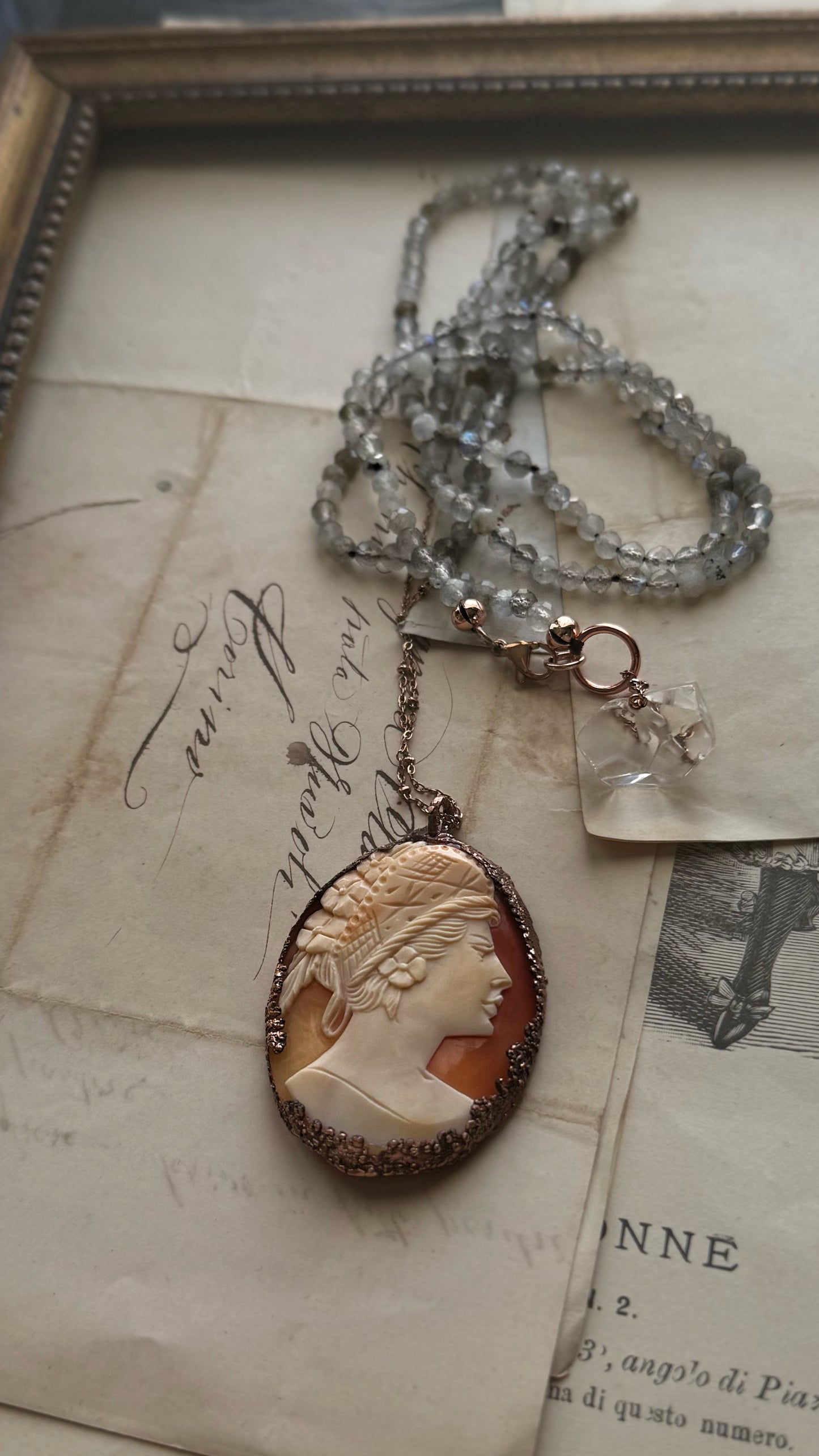 Long Necklace with Antique Cameo and Labradorite - Unique Handcrafted Jewel