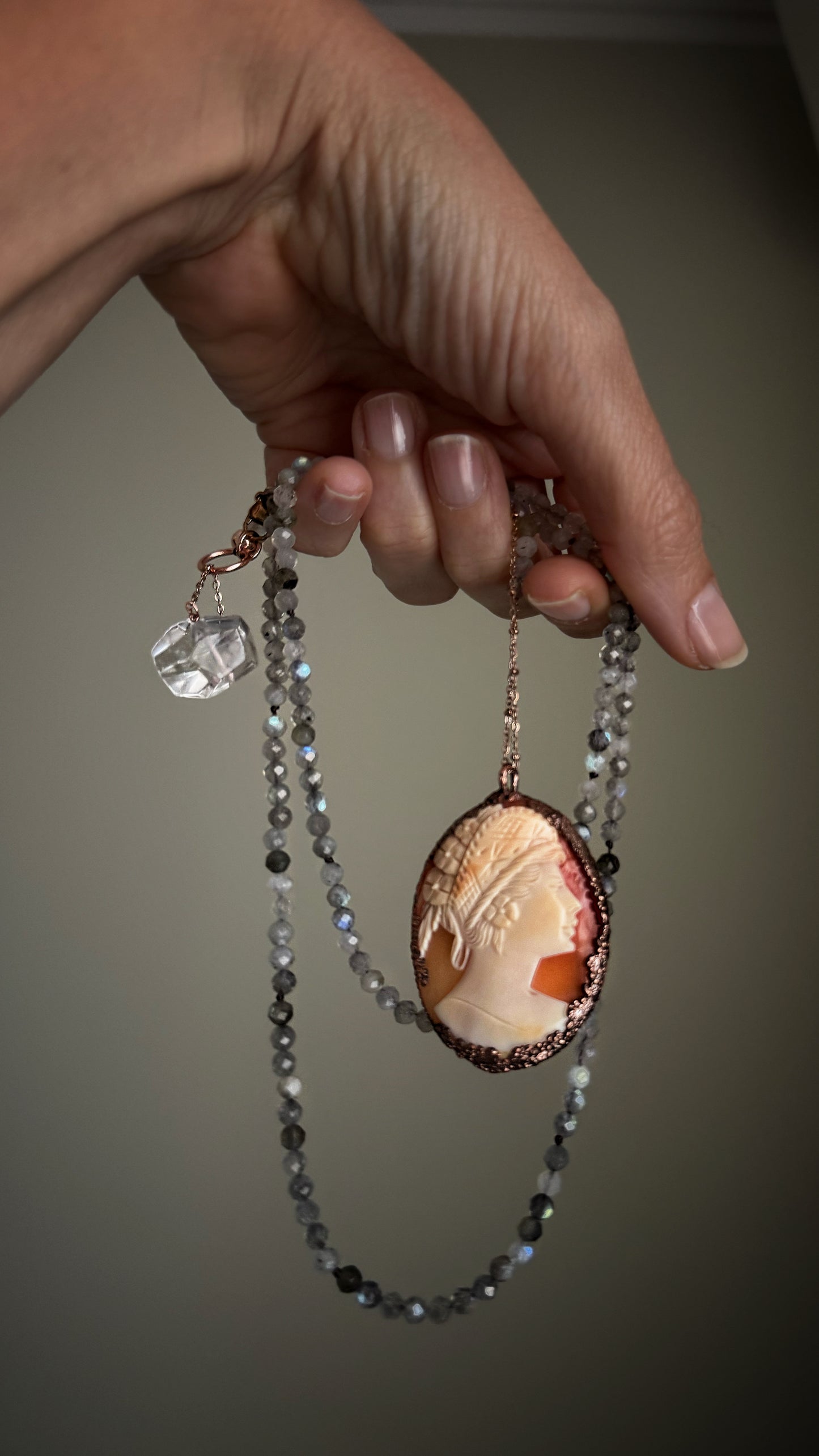 Long Necklace with Antique Cameo and Labradorite - Unique Handcrafted Jewel