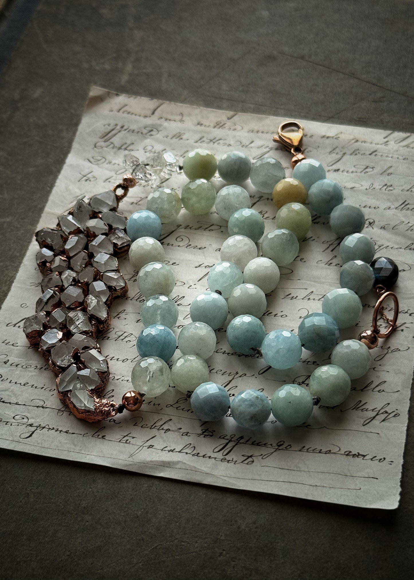Copper Necklace with Herkimer and Aquamarine - One of a Kind