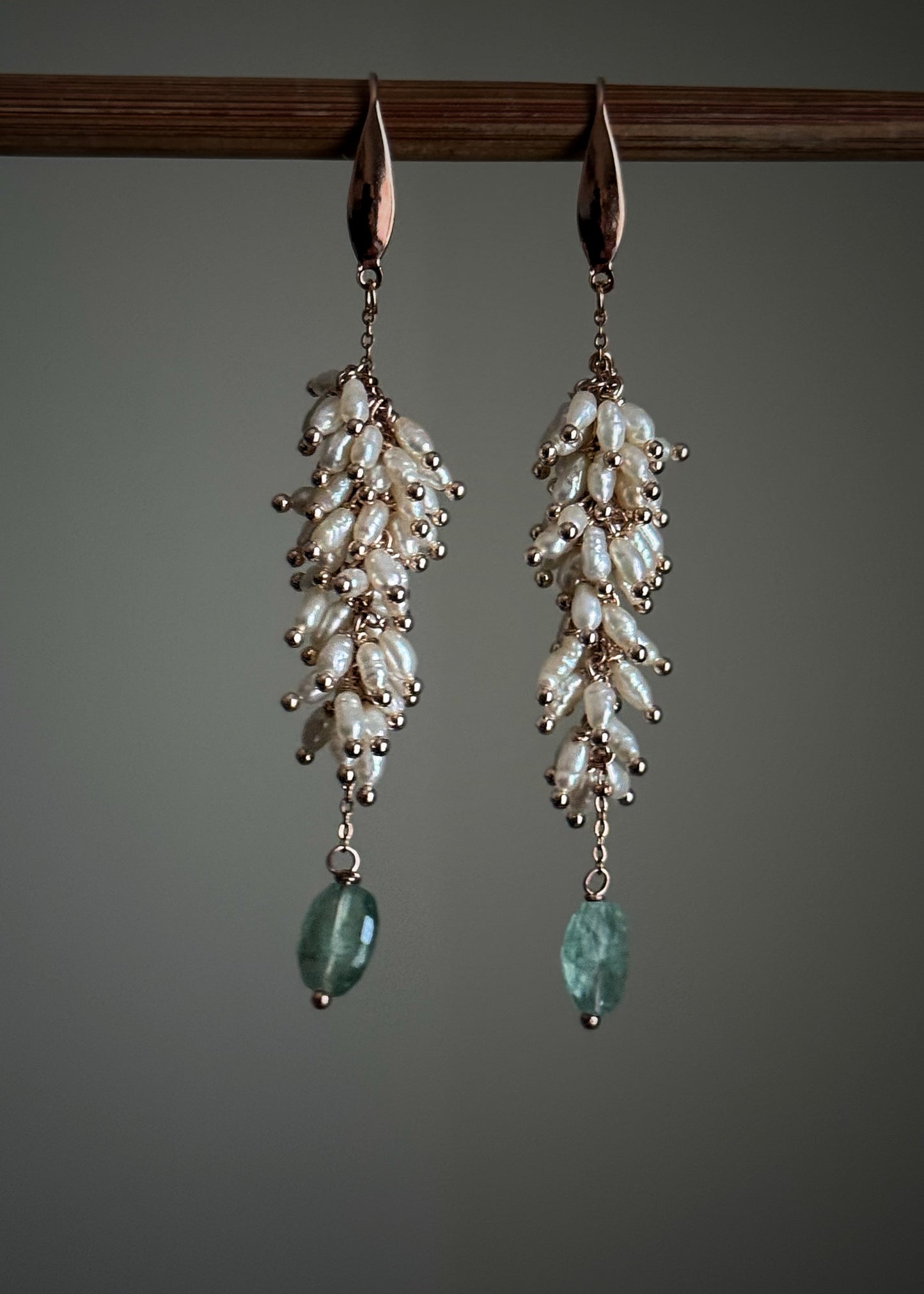 Long Earrings with small river pearls - Hand-made cluster