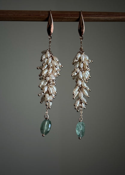 Long Earrings with small river pearls - Hand-made cluster