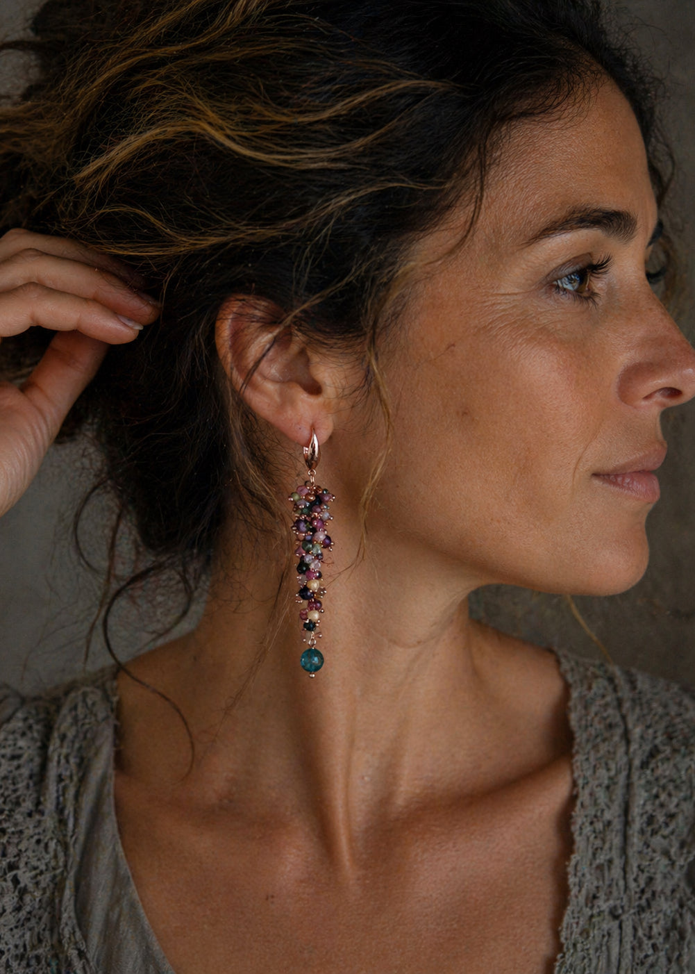 Long Earrings with small colored tourmalines - Handmade cluster
