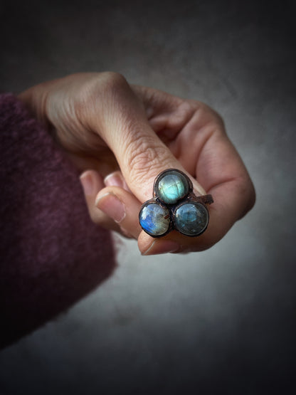 Copper ring with multiple blue labradorite stones. Size 6 US.
