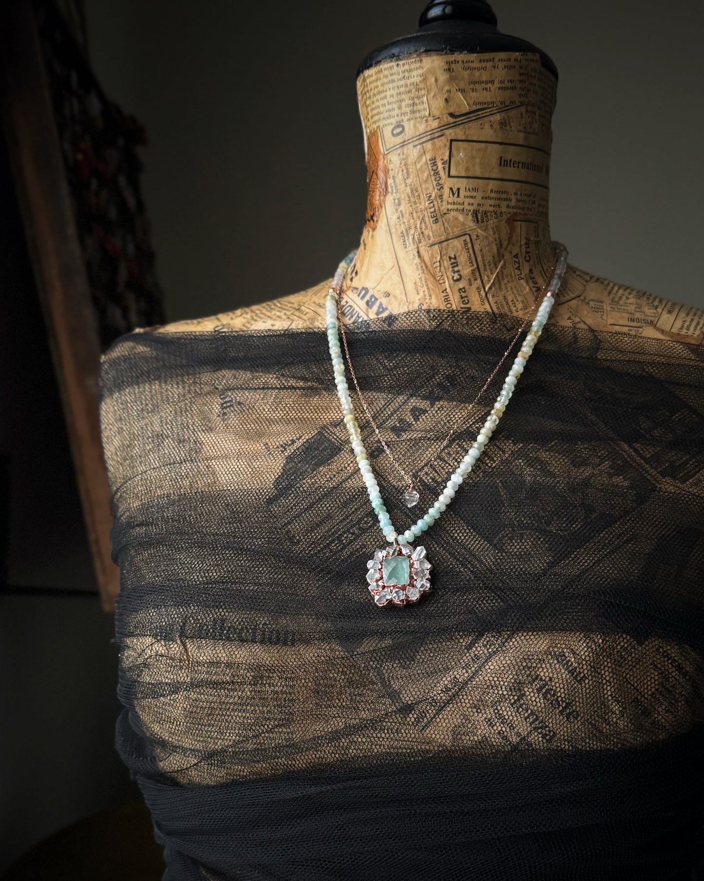 Collana doppia con acquamarina ed Herkimer