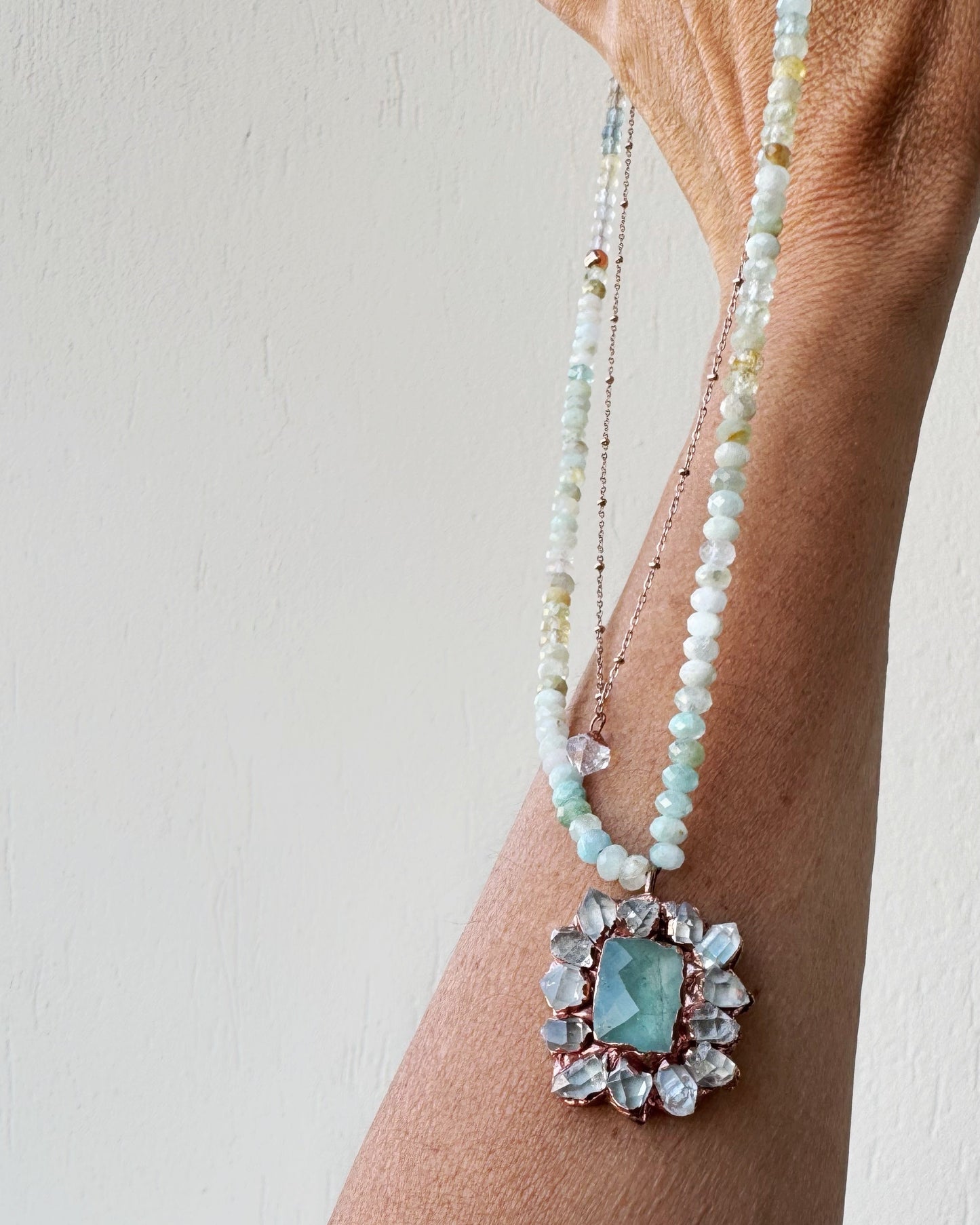 Collana doppia con acquamarina ed Herkimer