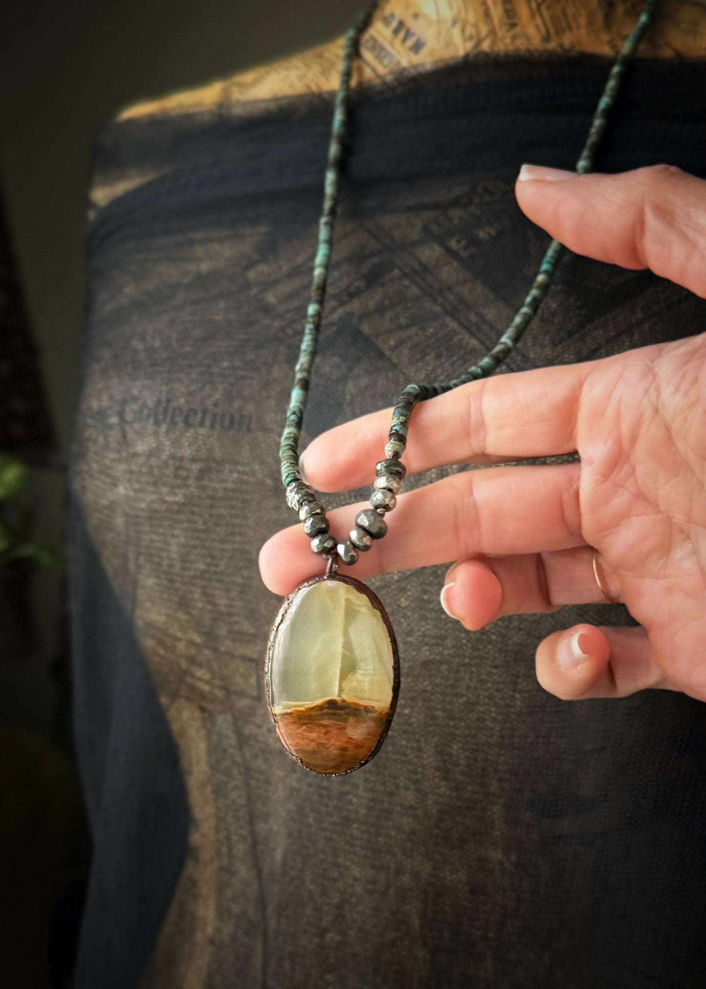 Long African Turquoise and Green Calcite Necklace | Double Wrap