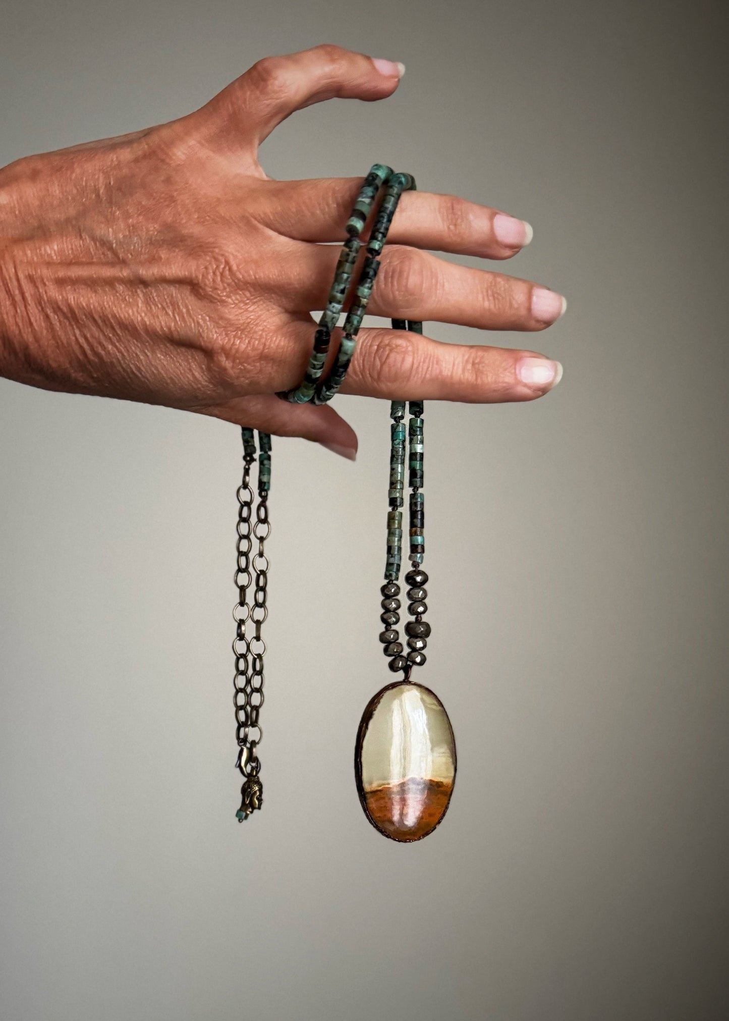 Long African Turquoise and Green Calcite Necklace | Double Wrap