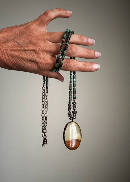 Long African Turquoise and Green Calcite Necklace | Double Wrap