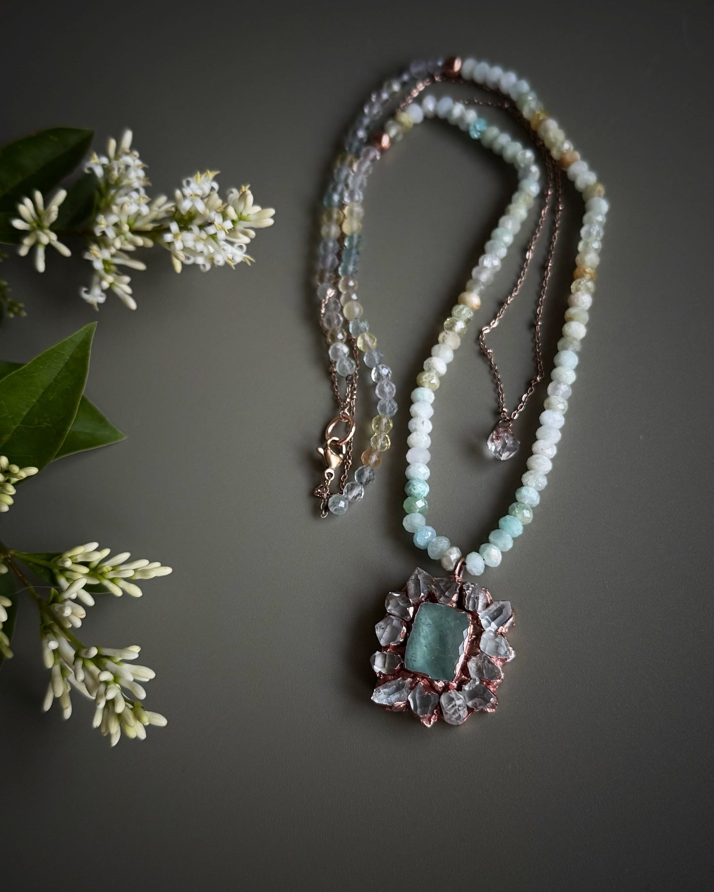 Collana doppia con acquamarina ed Herkimer