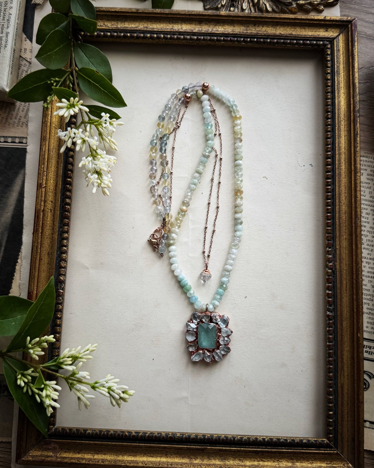 Collana doppia con acquamarina ed Herkimer