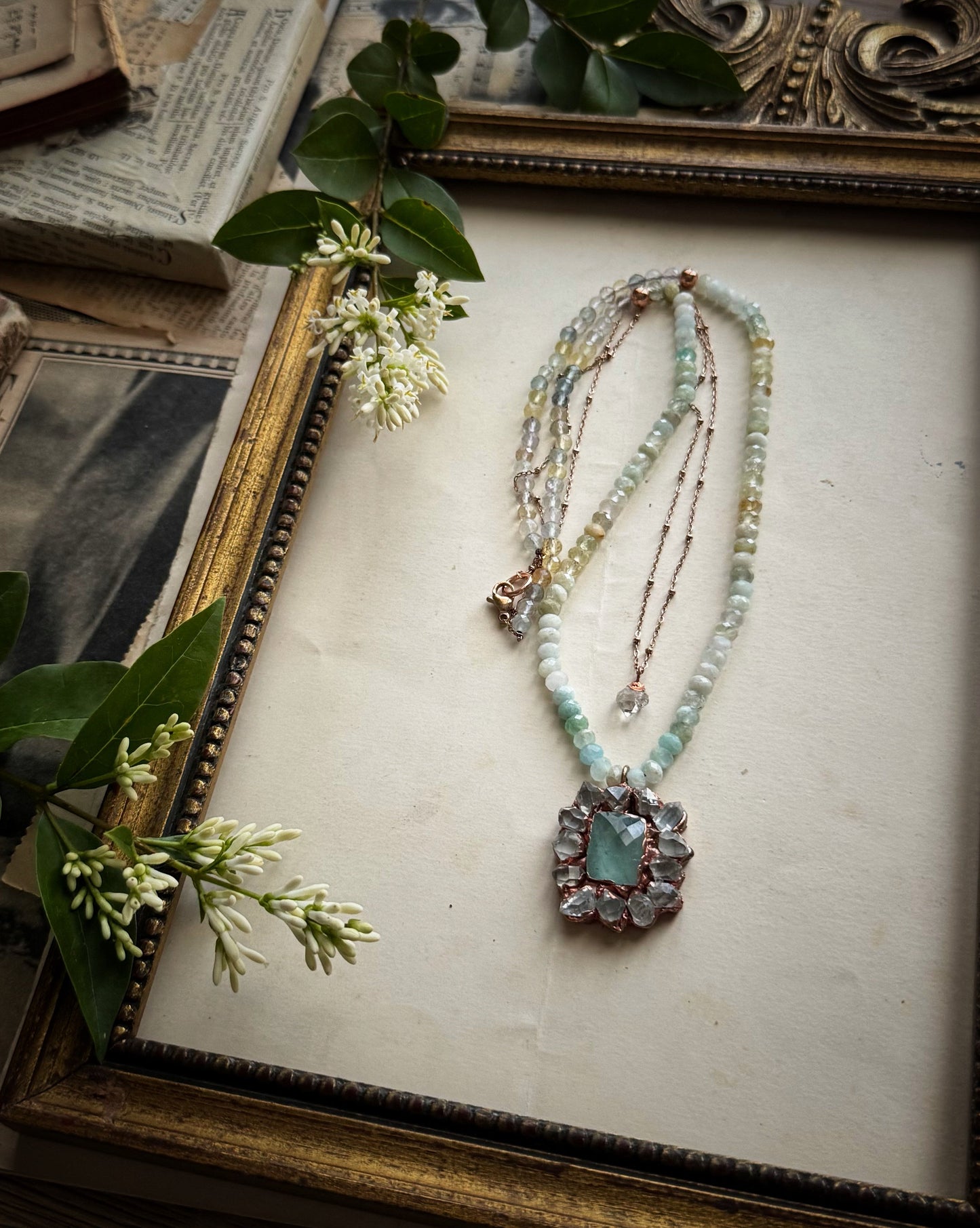 Collana doppia con acquamarina ed Herkimer