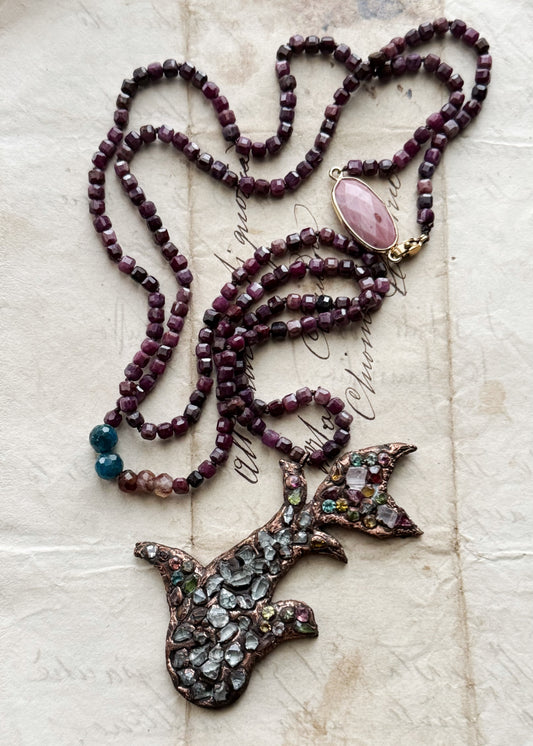 Collana Lunga in Radice di Rubino con Herkimer, Tormaline e Rodocrosite