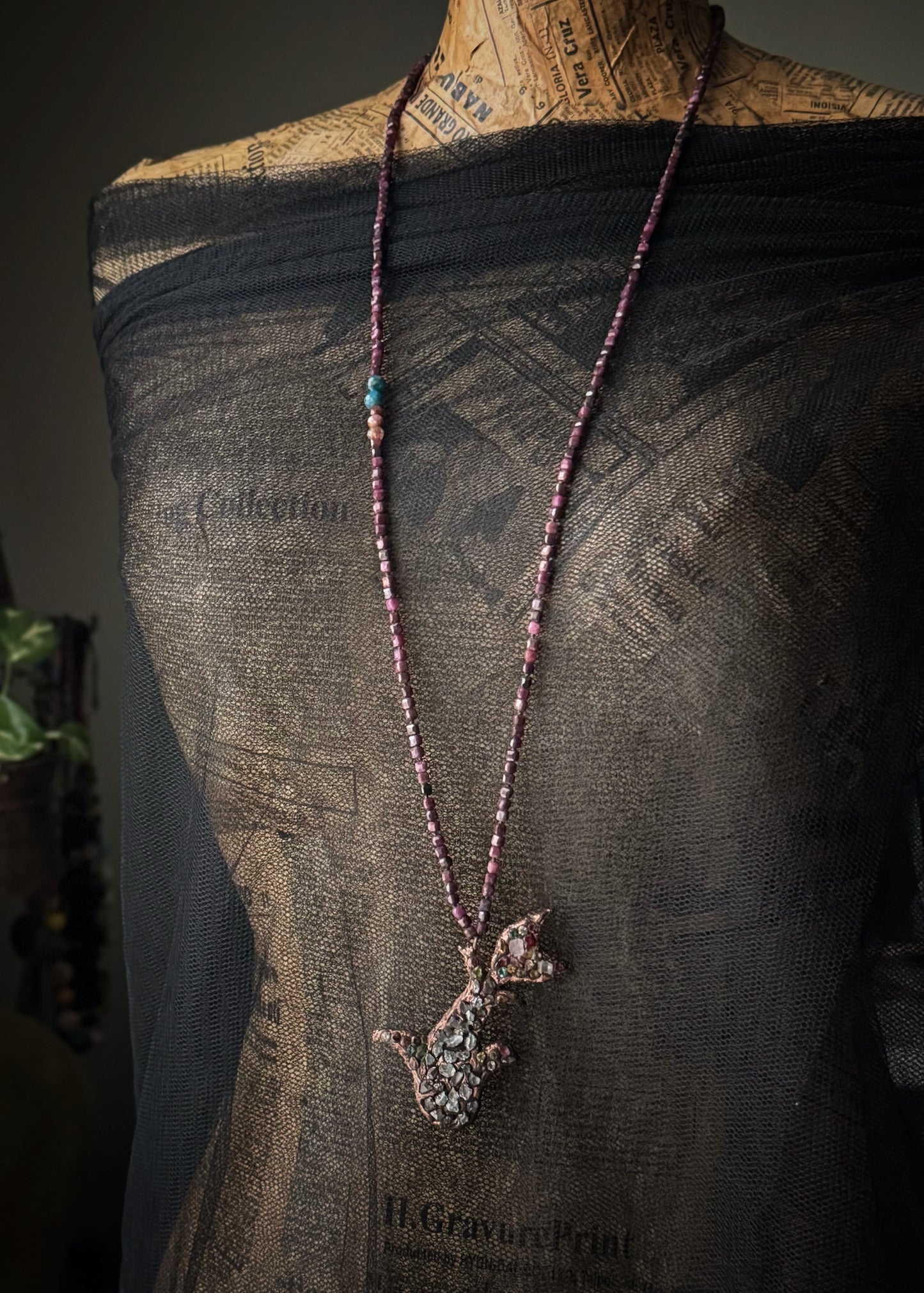 Long Necklace in Ruby Root with Herkimer, Tourmalines and Rhodochrosite