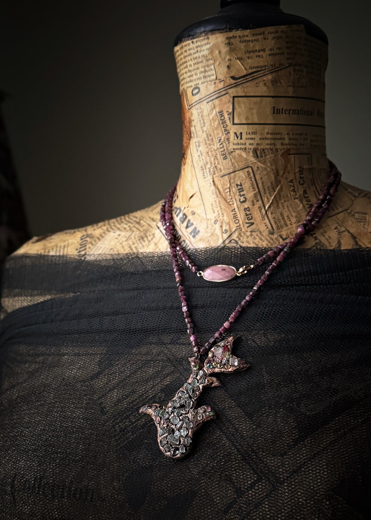 Long Necklace in Ruby Root with Herkimer, Tourmalines and Rhodochrosite
