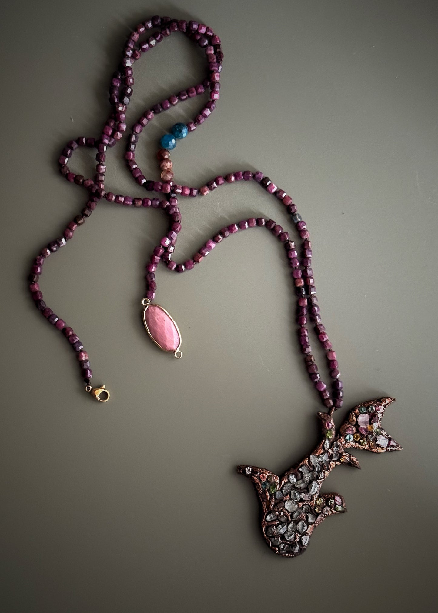 Long Necklace in Ruby Root with Herkimer, Tourmalines and Rhodochrosite