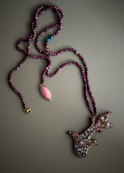 Long Necklace in Ruby Root with Herkimer, Tourmalines and Rhodochrosite