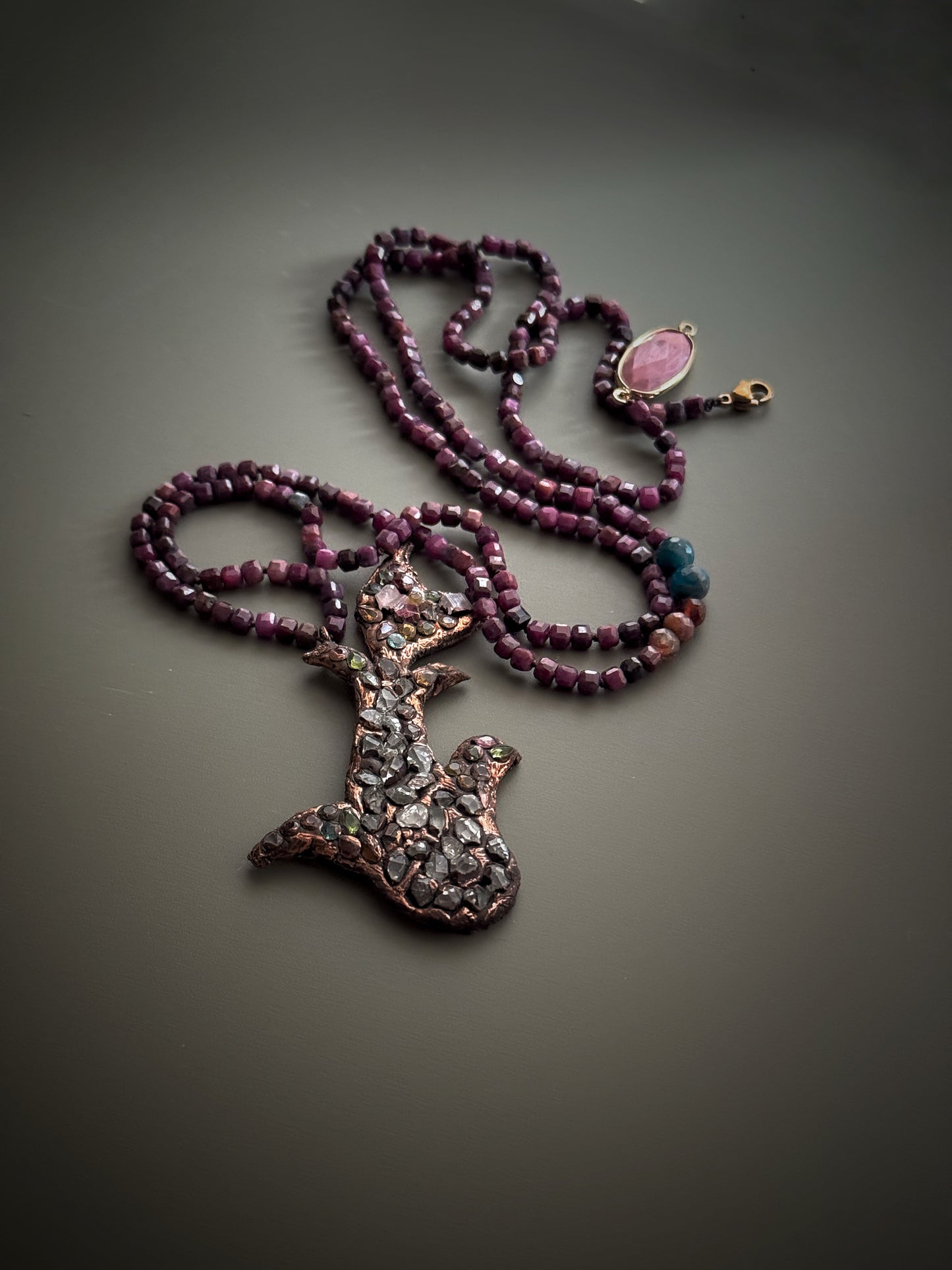 Long Necklace in Ruby Root with Herkimer, Tourmalines and Rhodochrosite