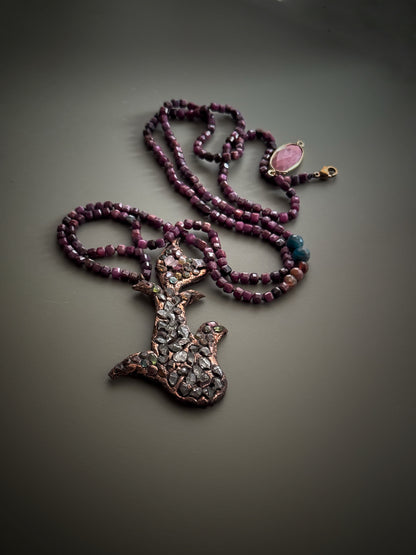 Long Necklace in Ruby Root with Herkimer, Tourmalines and Rhodochrosite