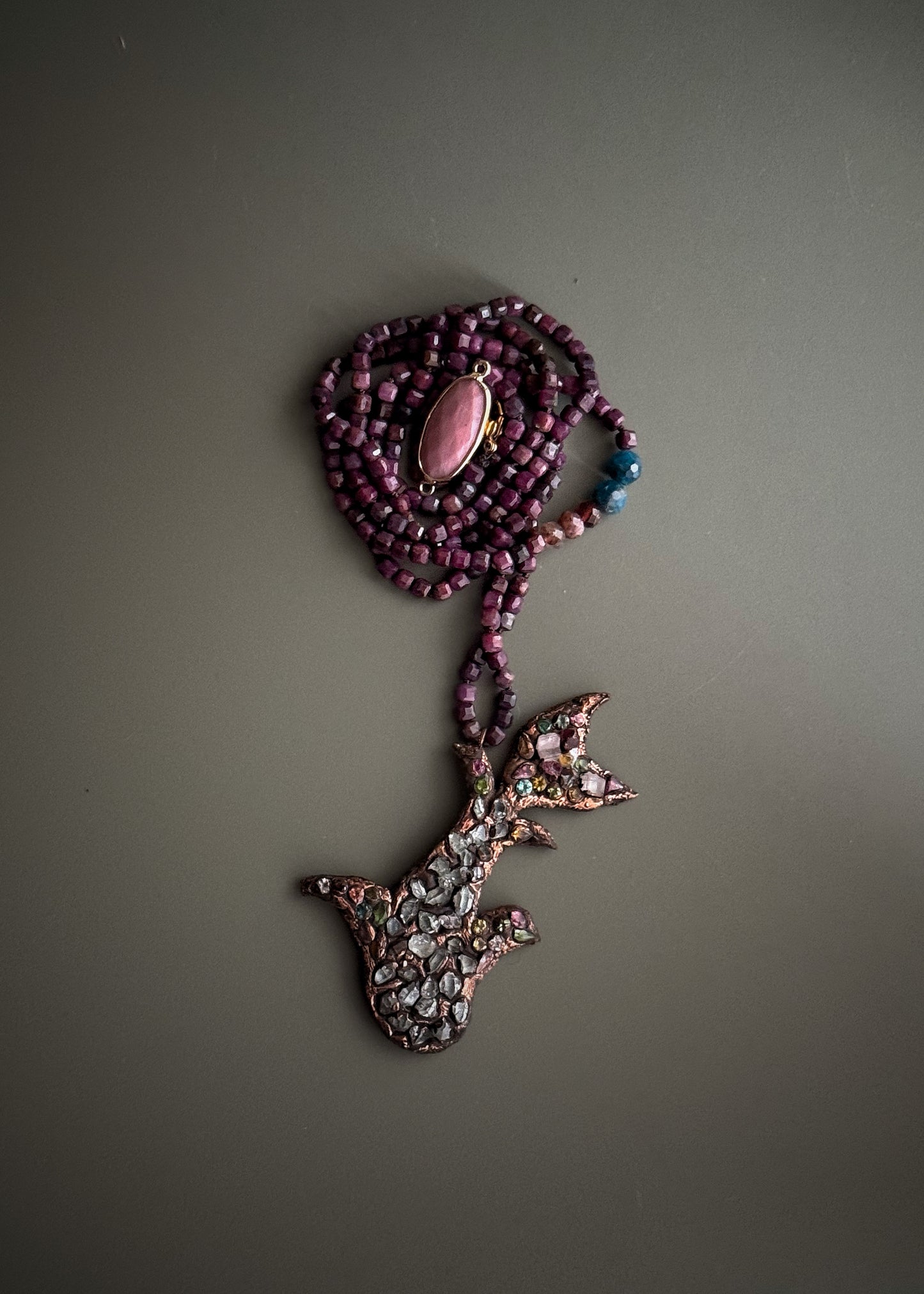 Long Necklace in Ruby Root with Herkimer, Tourmalines and Rhodochrosite