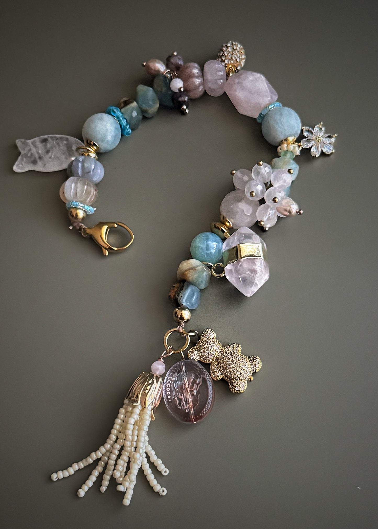 Aquamarine, Pearl, and Rose Quartz Bracelet - Model 23