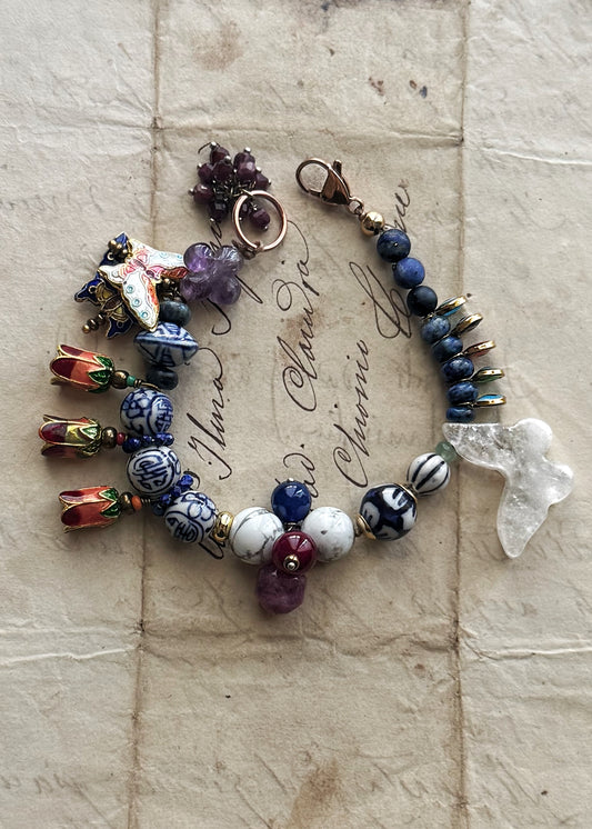 Bracciale con Lapislazzuli, Ceramica orientale e farfalle - Modello 24