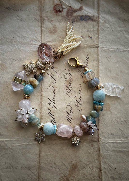 Aquamarine, Pearl, and Rose Quartz Bracelet - Model 23