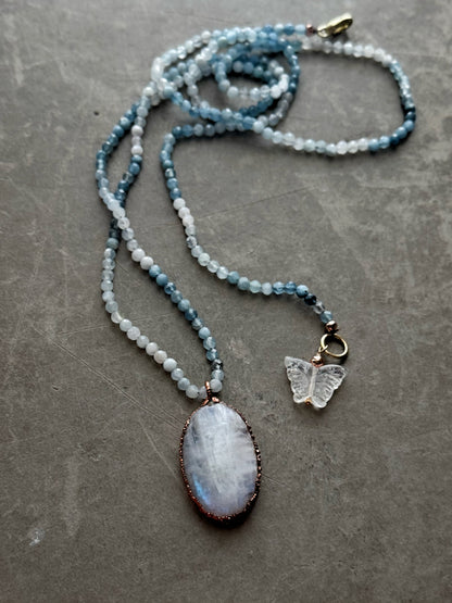 Long Necklace with Aquamarine and White Labradorite - Ebbijoux