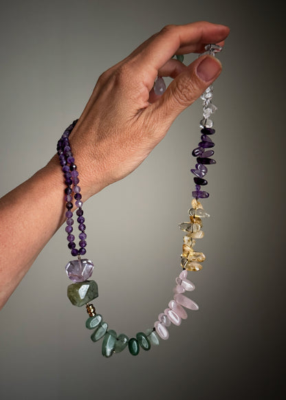 Collana Asimmetrica con Ametista, Prehnite e Quarzi – Mod.15 | Ebbijoux