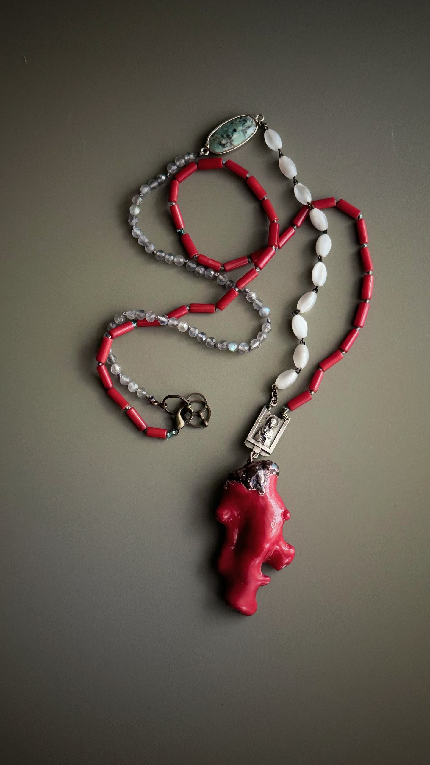 Necklace with coral, labradorite and a piece of antique rosary