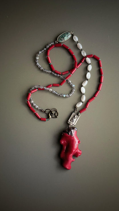 Necklace with coral, labradorite and a piece of antique rosary
