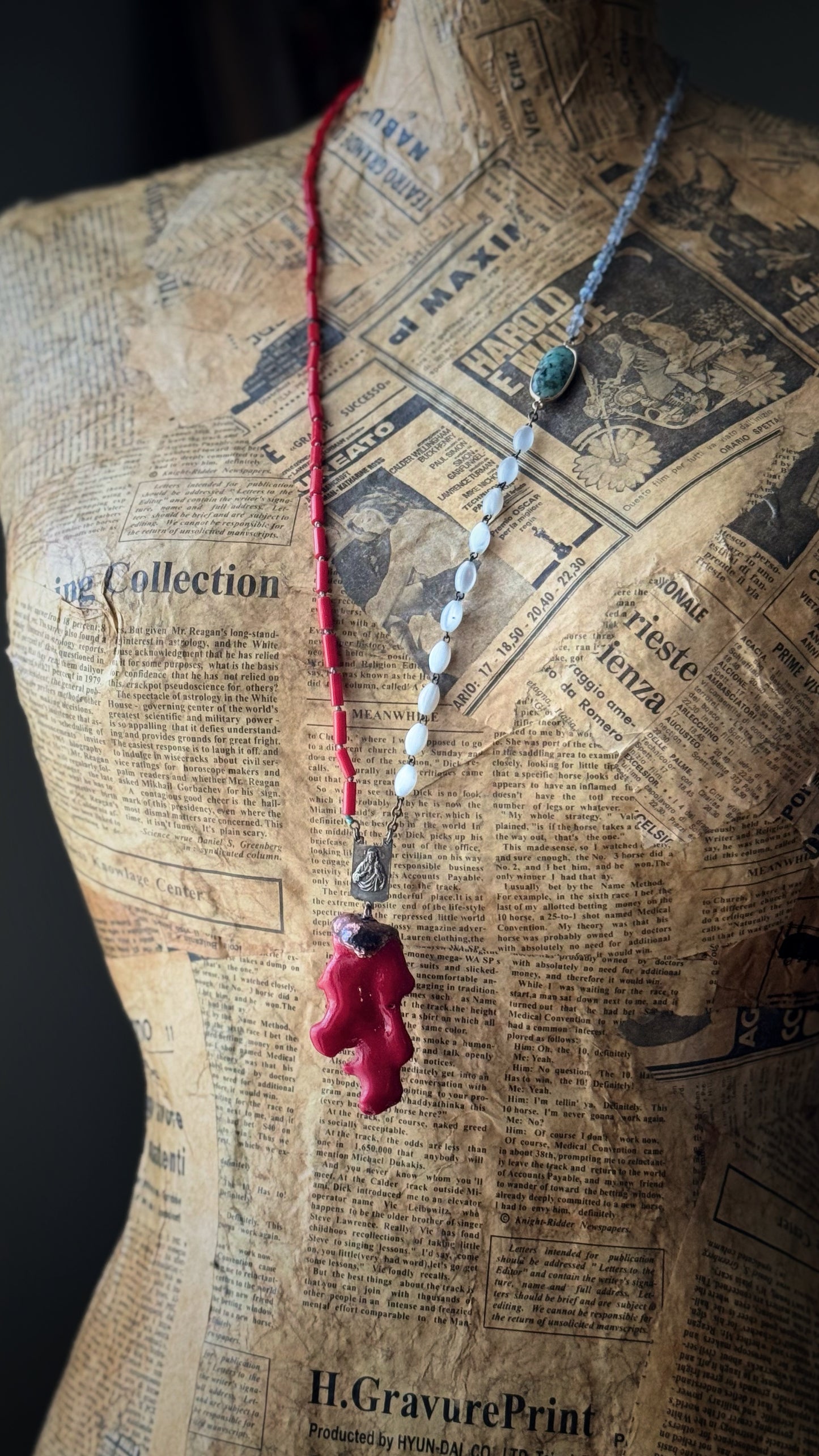 Necklace with coral, labradorite and a piece of antique rosary