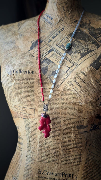 Necklace with coral, labradorite and a piece of antique rosary