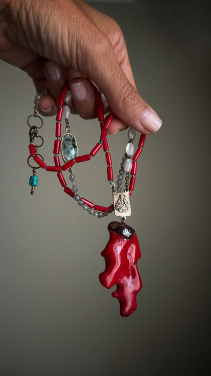 Necklace with coral, labradorite and a piece of antique rosary