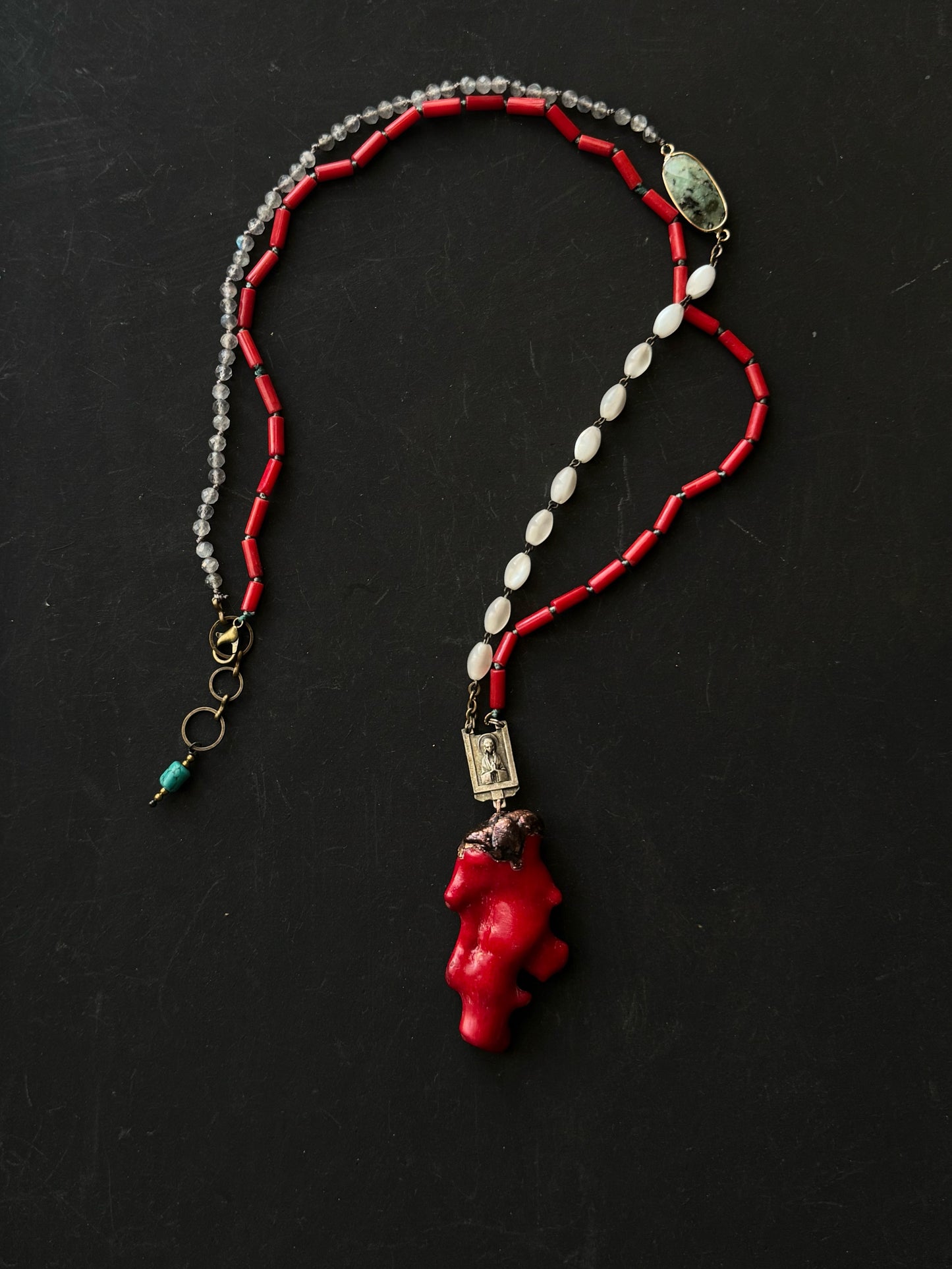 Necklace with coral, labradorite and a piece of antique rosary