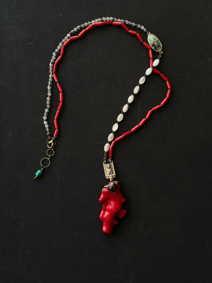 Necklace with coral, labradorite and a piece of antique rosary