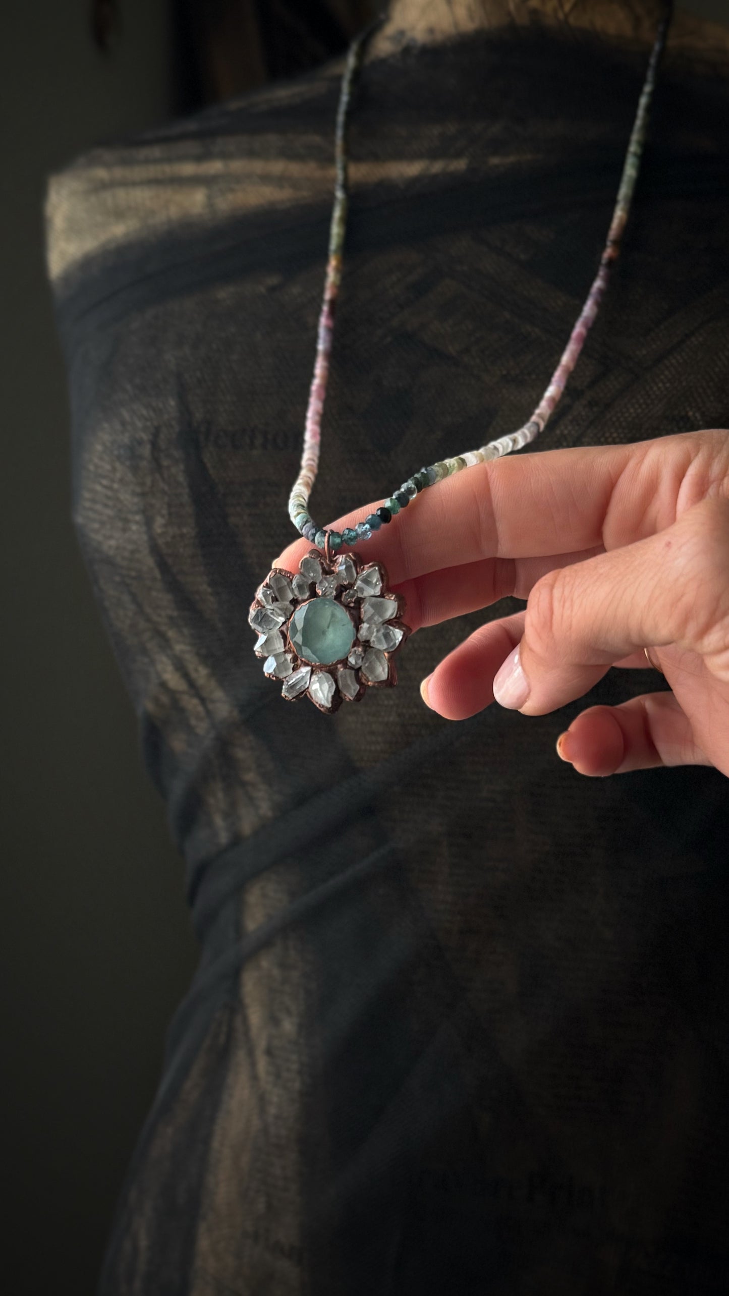 Collana degradé con ciondolo di acquamarina ed Herkimer