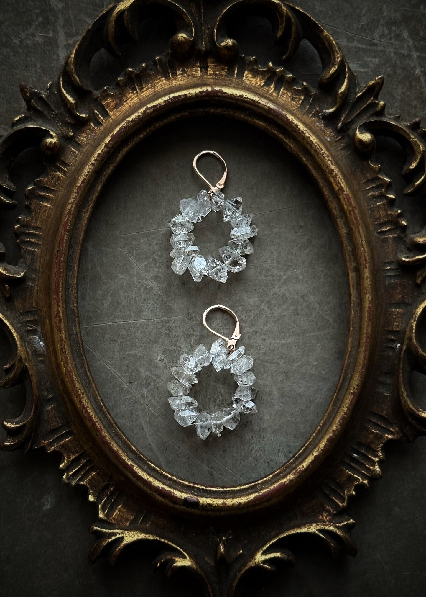 Rose gold hoop earrings with Herkimer diamonds and ear wires