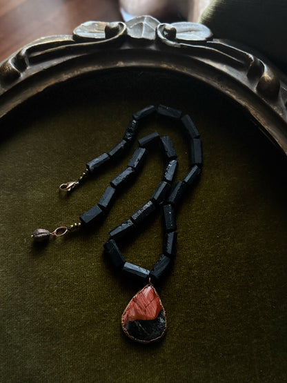 Necklace with black tourmaline and Picasso jasper drop
