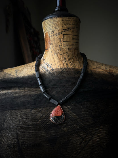 Necklace with black tourmaline and Picasso jasper drop