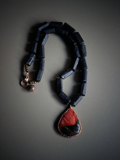 Necklace with black tourmaline and Picasso jasper drop
