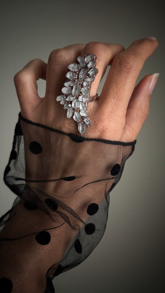 Anello in rame con pavé di Quarzi Herkimer mis.8