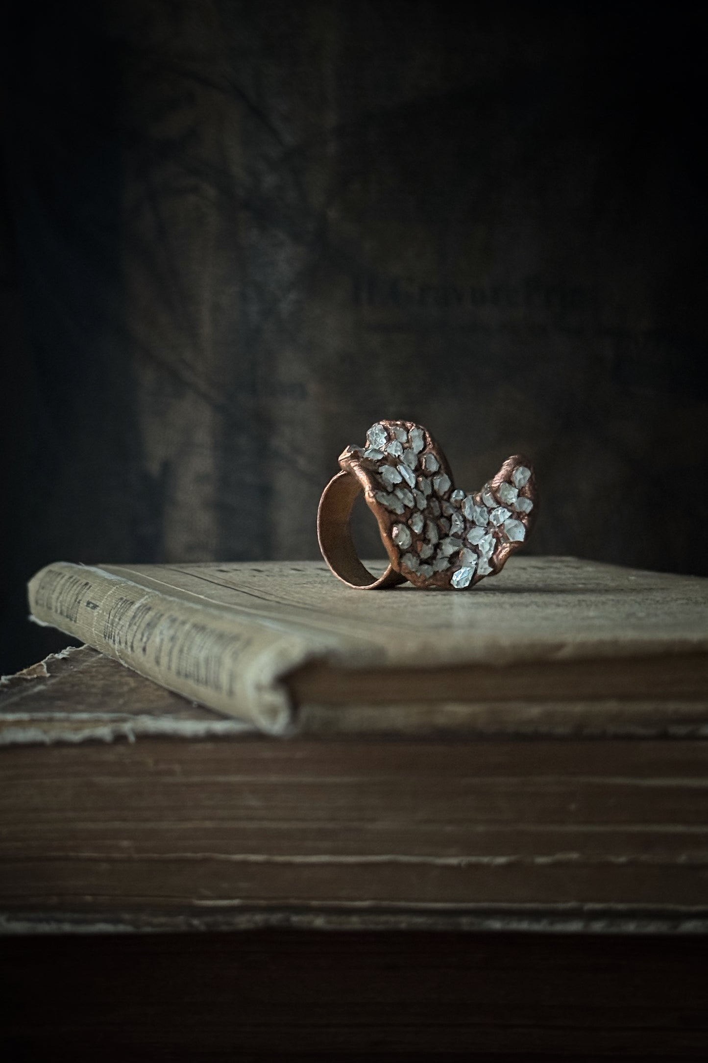 Sculptural copper ring with Herkimer pavé size 6