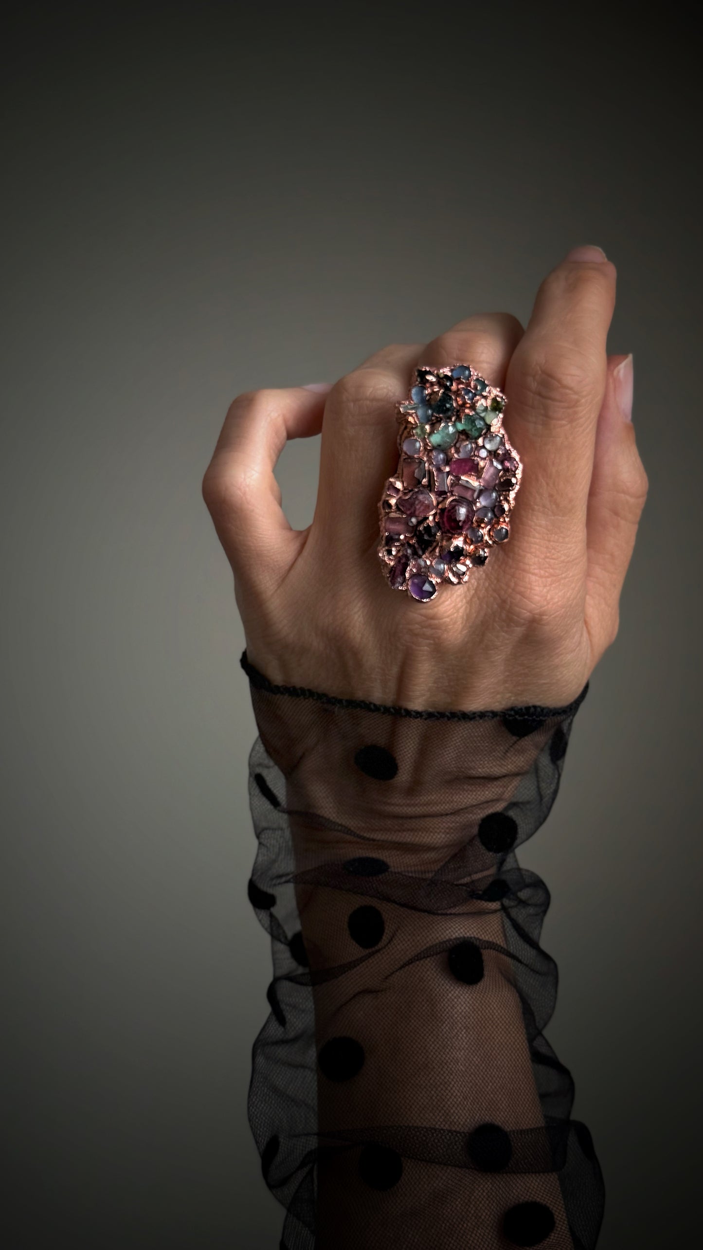 Polished Copper Ring with Rainbow Gemstone Pavé Size 7