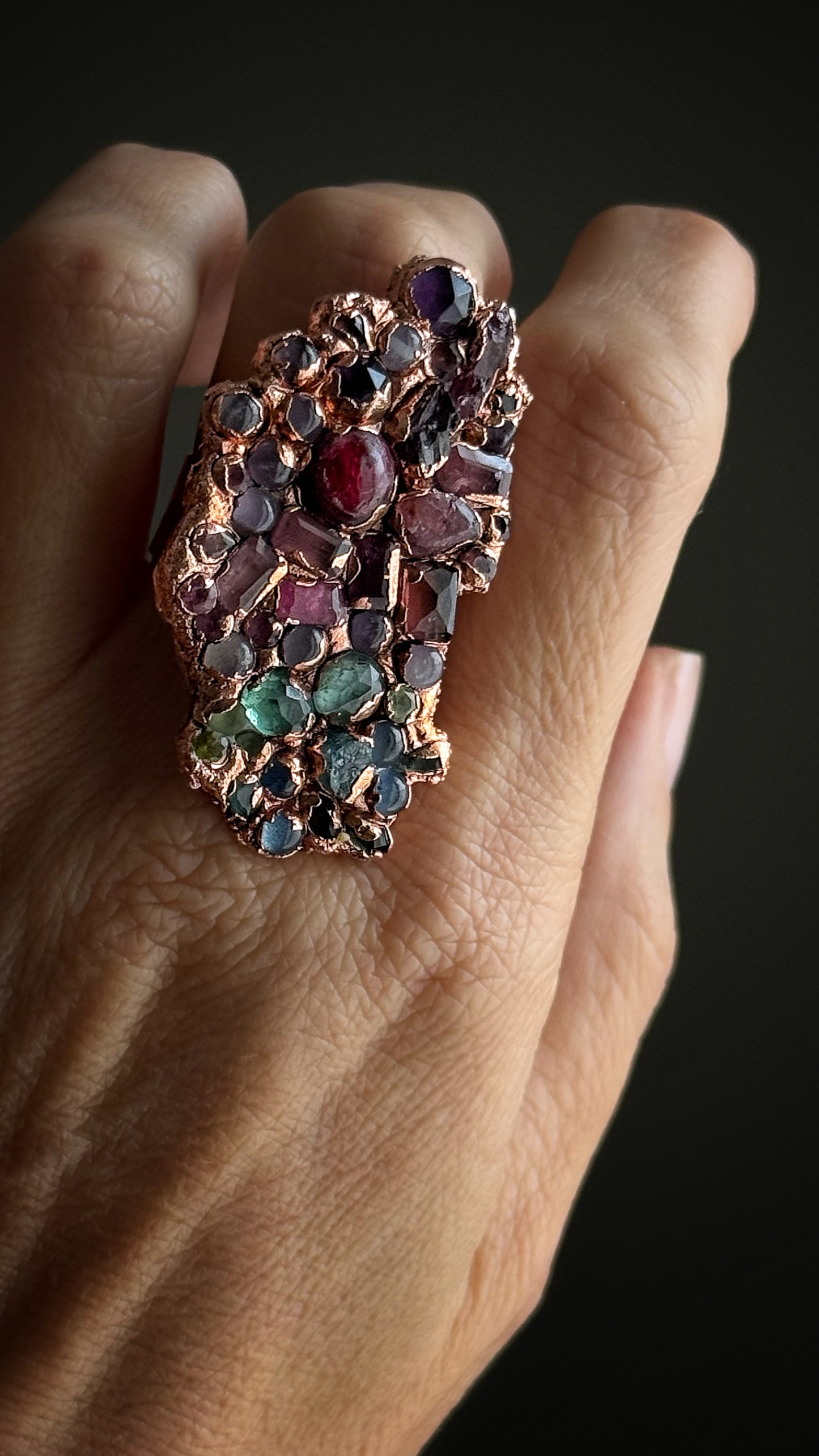 Polished Copper Ring with Rainbow Gemstone Pavé Size 7