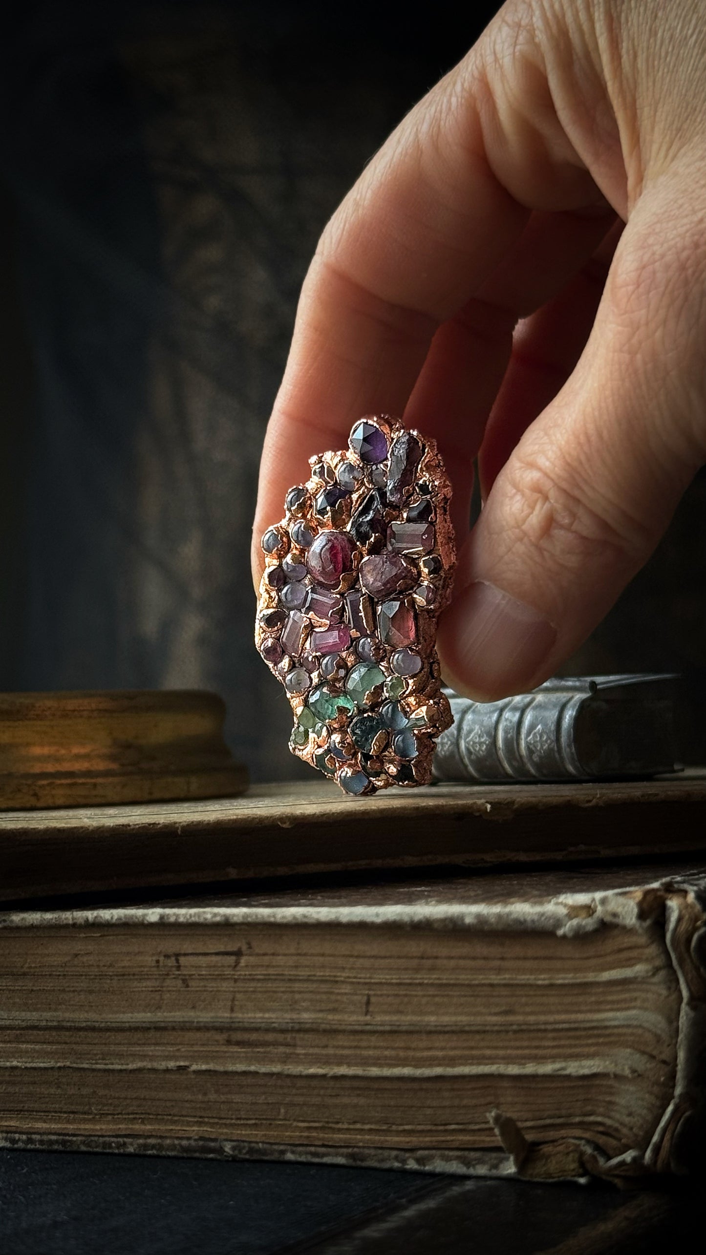 Polished Copper Ring with Rainbow Gemstone Pavé Size 7