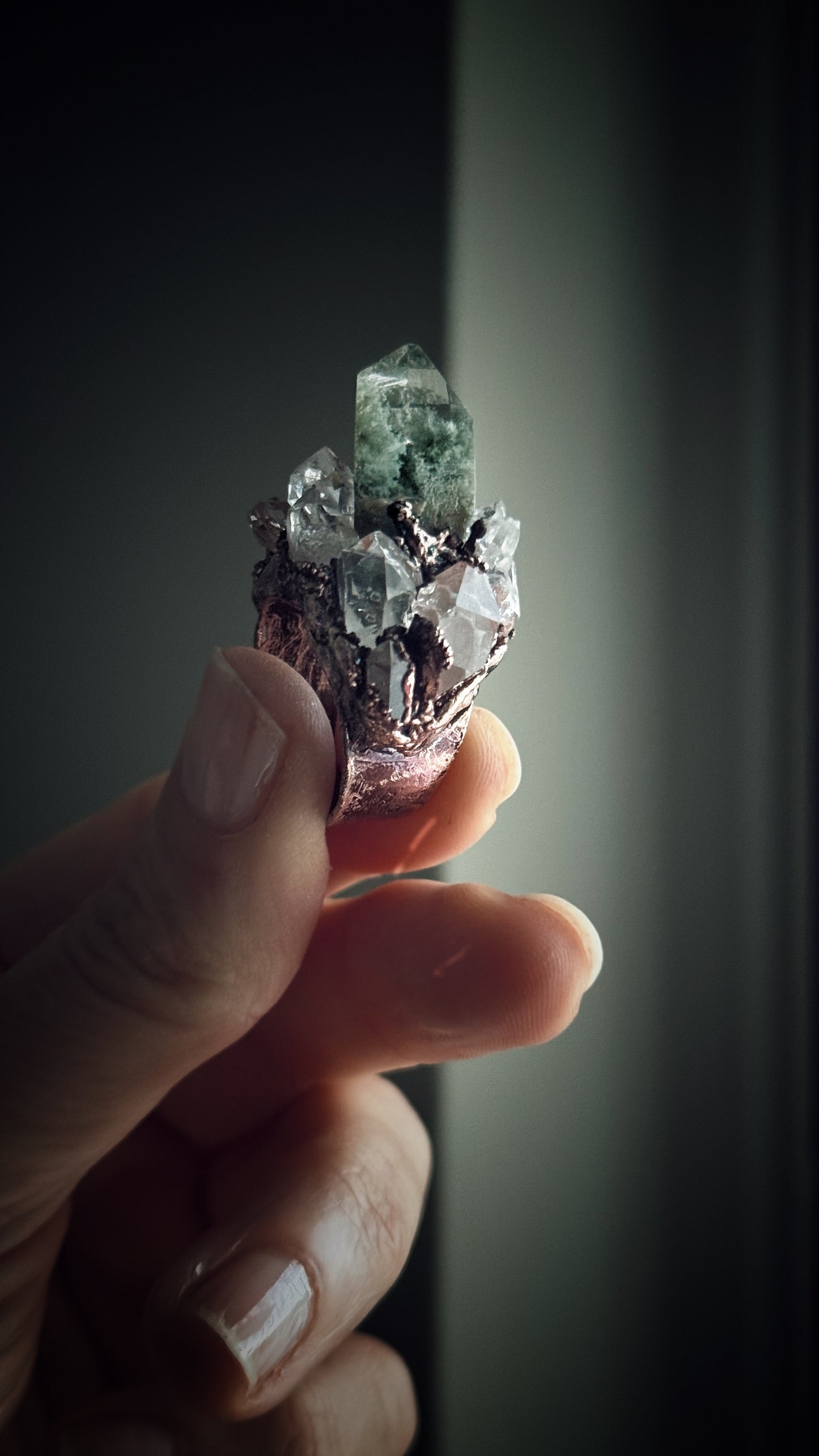 Anello in Rame con Quarzo Lodolite e Herkimer - Misura 8 US (18mm)